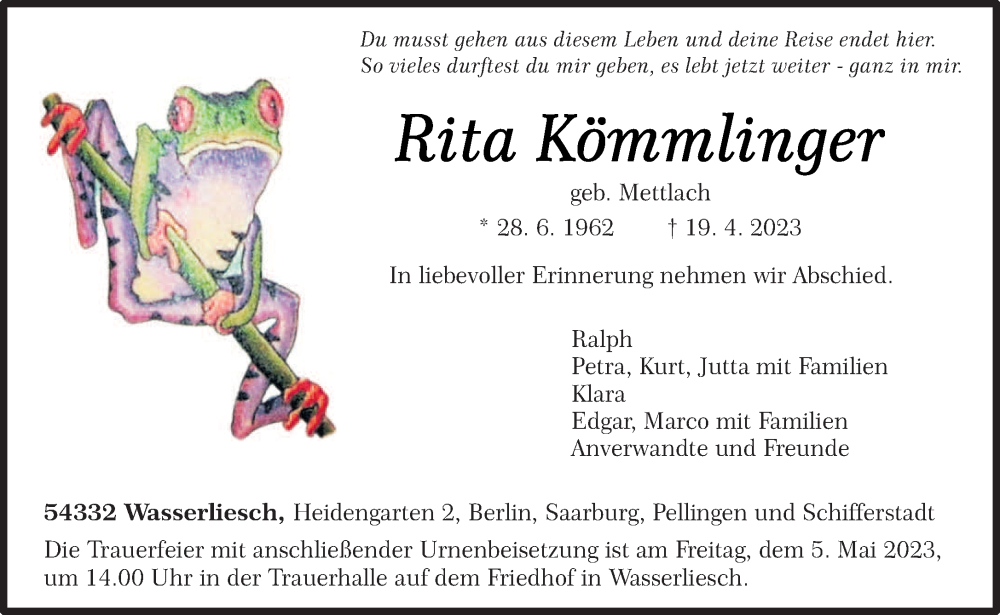  Traueranzeige für Rita Kömmlinger vom 29.04.2023 aus trierischer_volksfreund