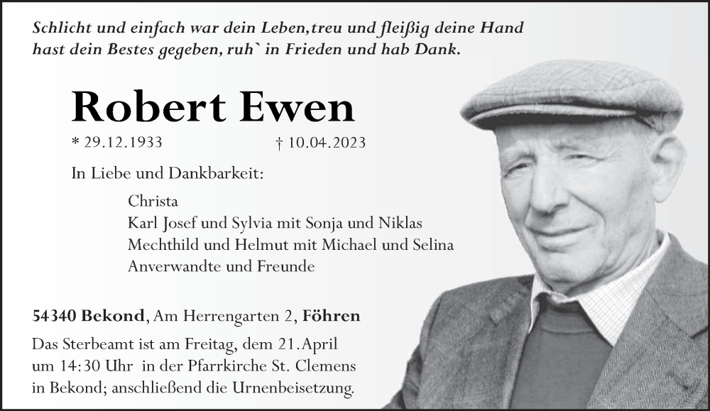  Traueranzeige für Robert Ewen vom 15.04.2023 aus trierischer_volksfreund