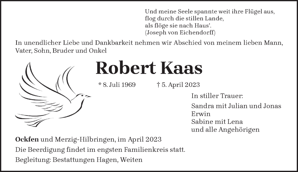  Traueranzeige für Robert Kaas vom 15.04.2023 aus trierischer_volksfreund