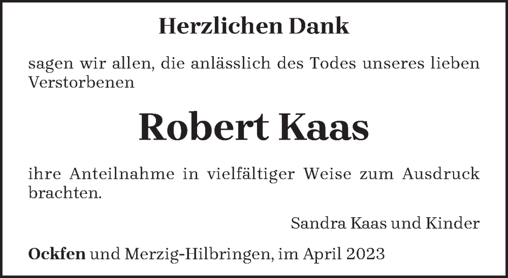  Traueranzeige für Robert Kaas vom 29.04.2023 aus trierischer_volksfreund