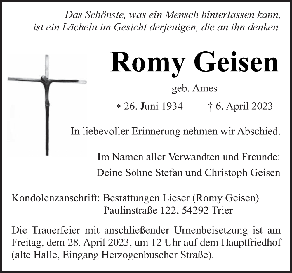  Traueranzeige für Romy Geisen vom 22.04.2023 aus trierischer_volksfreund
