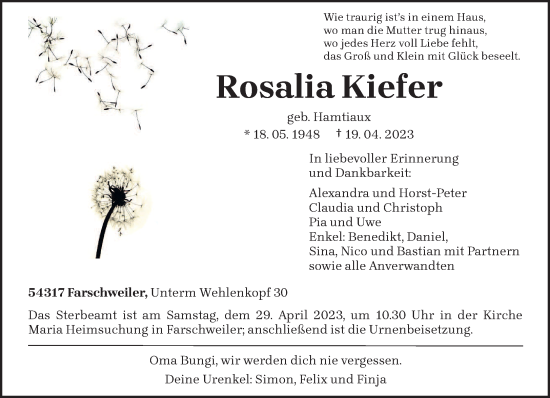 Traueranzeige von Rosalia Kiefer von trierischer_volksfreund