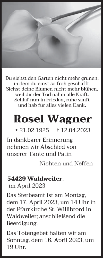 Traueranzeige von Rosel Wagner von trierischer_volksfreund