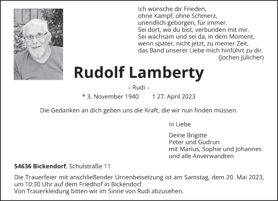 Traueranzeige von Rudolf Lamberty von trierischer_volksfreund