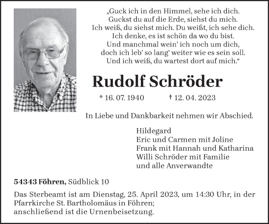 Traueranzeige von Rudolf Schröder von trierischer_volksfreund