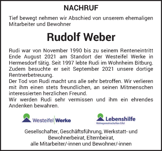 Traueranzeige von Rudolf Weber von trierischer_volksfreund