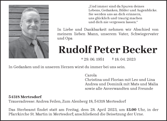 Traueranzeige von Rudolf Peter Becker von trierischer_volksfreund