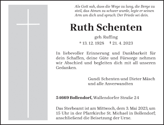 Traueranzeige von Ruth Schenten von trierischer_volksfreund