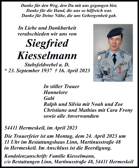 Traueranzeige von Siegfried Kiesselmann von trierischer_volksfreund