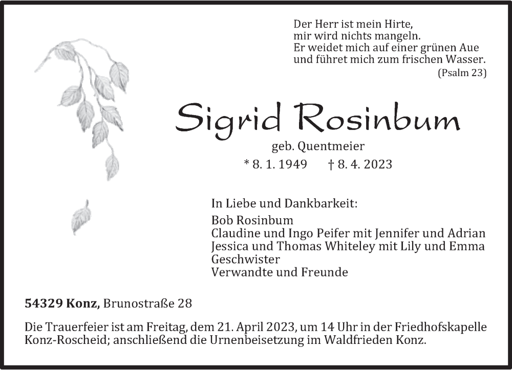  Traueranzeige für Sigrid Rosinbum vom 15.04.2023 aus trierischer_volksfreund