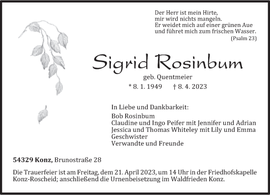 Traueranzeige von Sigrid Rosinbum von trierischer_volksfreund