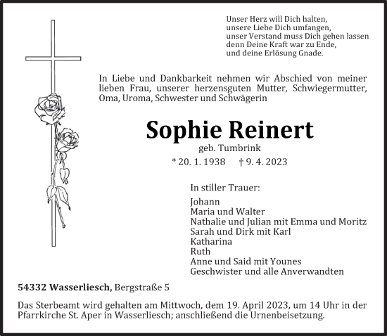 Traueranzeige von Sophie Reinert von trierischer_volksfreund