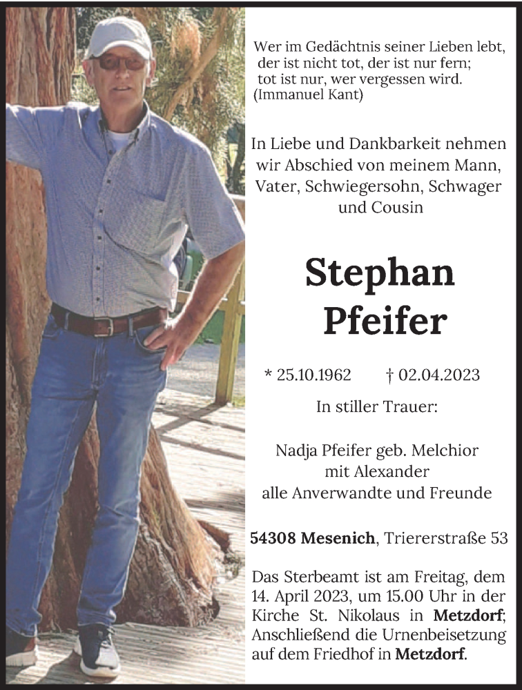  Traueranzeige für Stephan Pfeifer vom 08.04.2023 aus trierischer_volksfreund