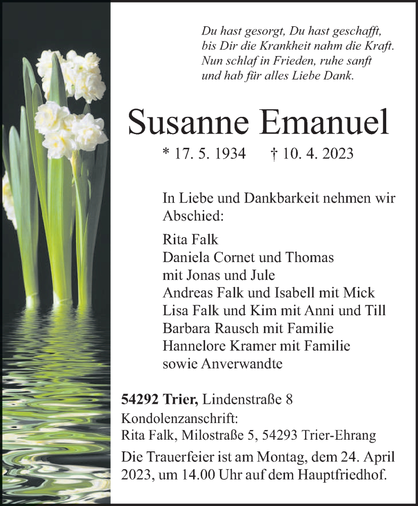  Traueranzeige für Susanne Emanuel vom 19.04.2023 aus trierischer_volksfreund
