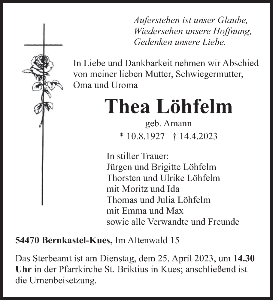  Traueranzeige für Thea Löhfelm vom 19.04.2023 aus trierischer_volksfreund