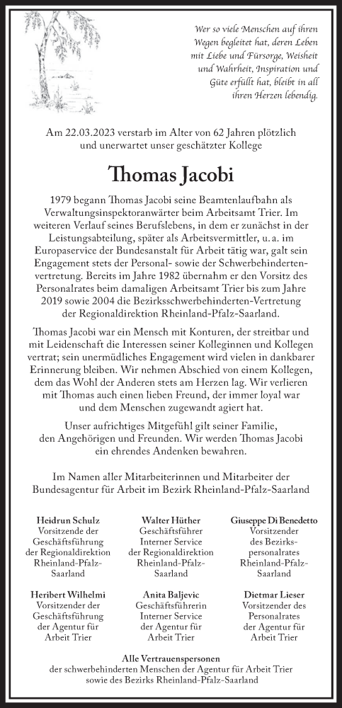 Traueranzeige von Thomas Jacobi von trierischer_volksfreund