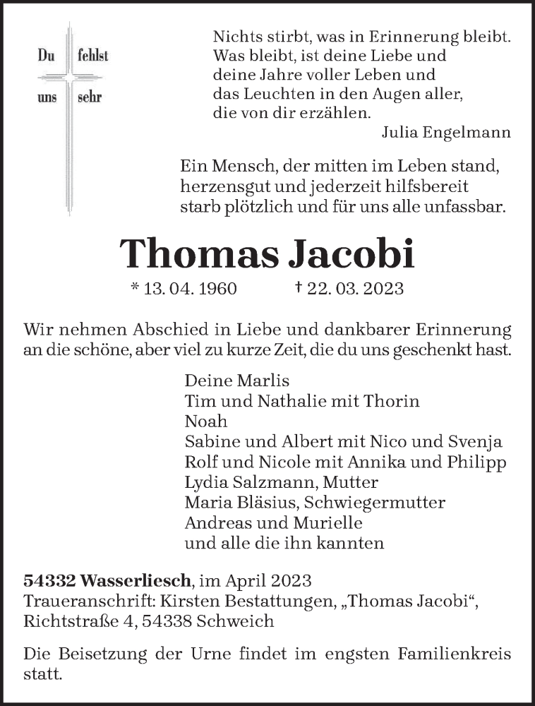  Traueranzeige für Thomas Jacobi vom 05.04.2023 aus trierischer_volksfreund