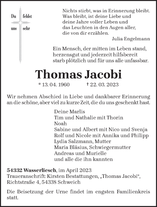 Traueranzeige von Thomas Jacobi von trierischer_volksfreund
