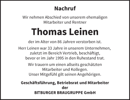 Traueranzeige von Thomas Leinen von trierischer_volksfreund