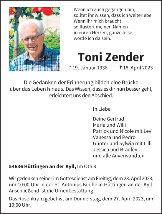 Traueranzeige von Toni Zender von trierischer_volksfreund