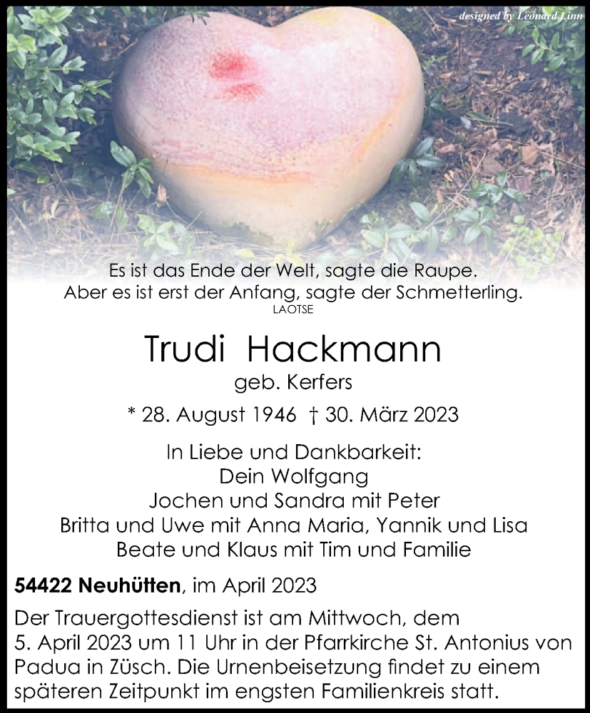 Traueranzeige für Trudi Hackmann vom 01.04.2023 aus trierischer_volksfreund