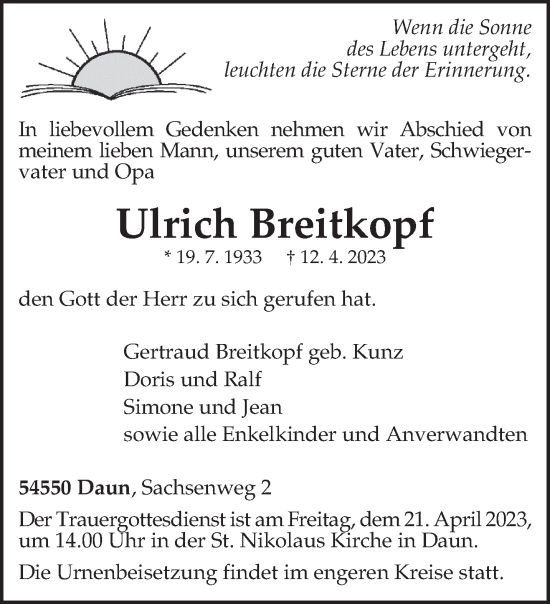 Traueranzeige von Ulrich Breitkopf von trierischer_volksfreund