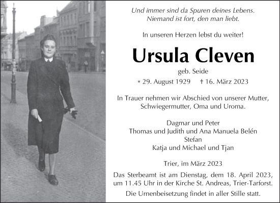 Traueranzeige von Ursula Cleven von trierischer_volksfreund