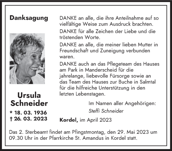 Traueranzeige von Ursula Schneider von trierischer_volksfreund