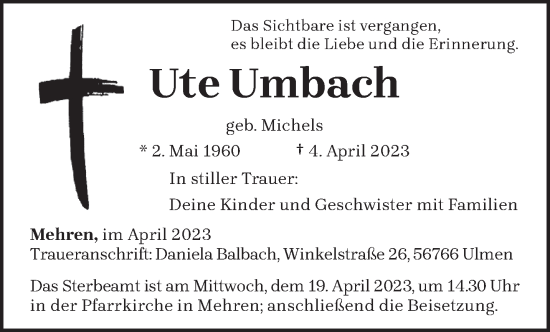 Traueranzeige von Ute Umbach von trierischer_volksfreund