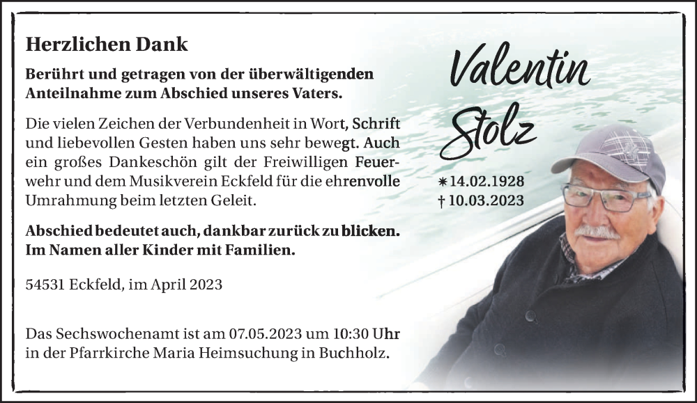  Traueranzeige für Valentin Stolz vom 29.04.2023 aus trierischer_volksfreund