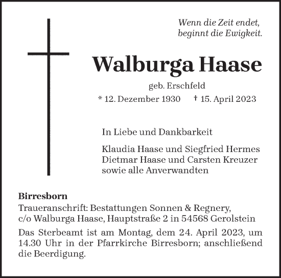 Traueranzeige von Walburga Haase von trierischer_volksfreund