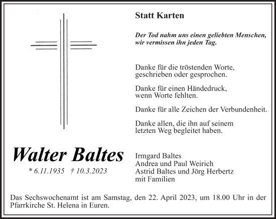 Traueranzeige von Walter Balles von trierischer_volksfreund