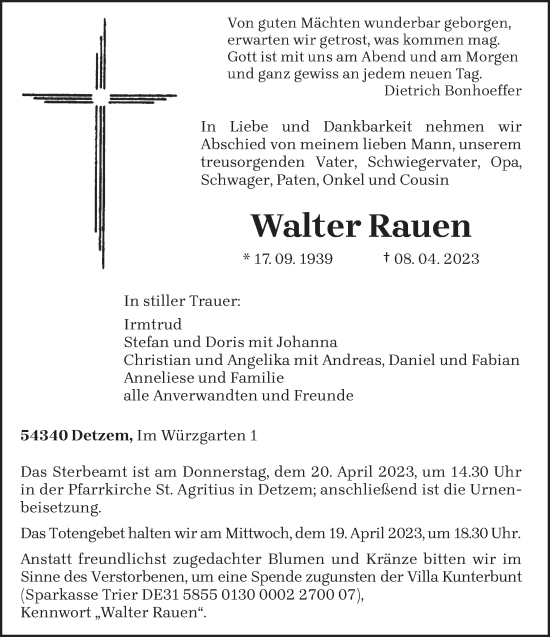 Traueranzeige von Walter Rauen von trierischer_volksfreund
