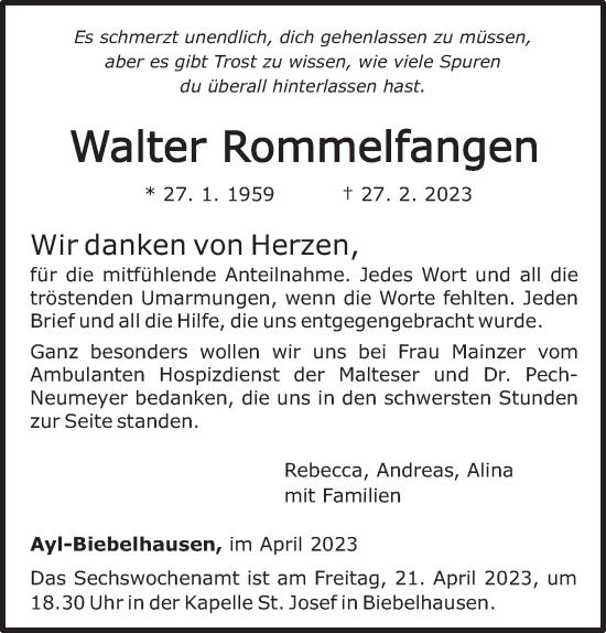 Traueranzeige von Walter Rommelfangen von trierischer_volksfreund
