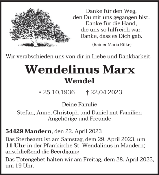 Traueranzeige von Wendelinus Marx von trierischer_volksfreund