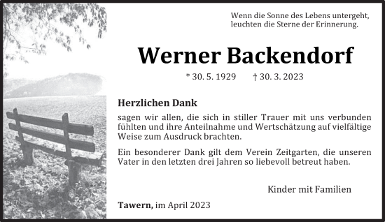 Traueranzeige von Werner Backendorf von trierischer_volksfreund