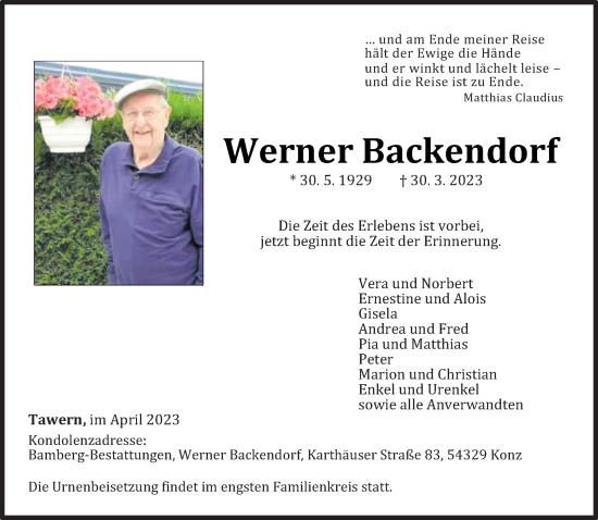 Traueranzeige von Werner Backendorf von trierischer_volksfreund