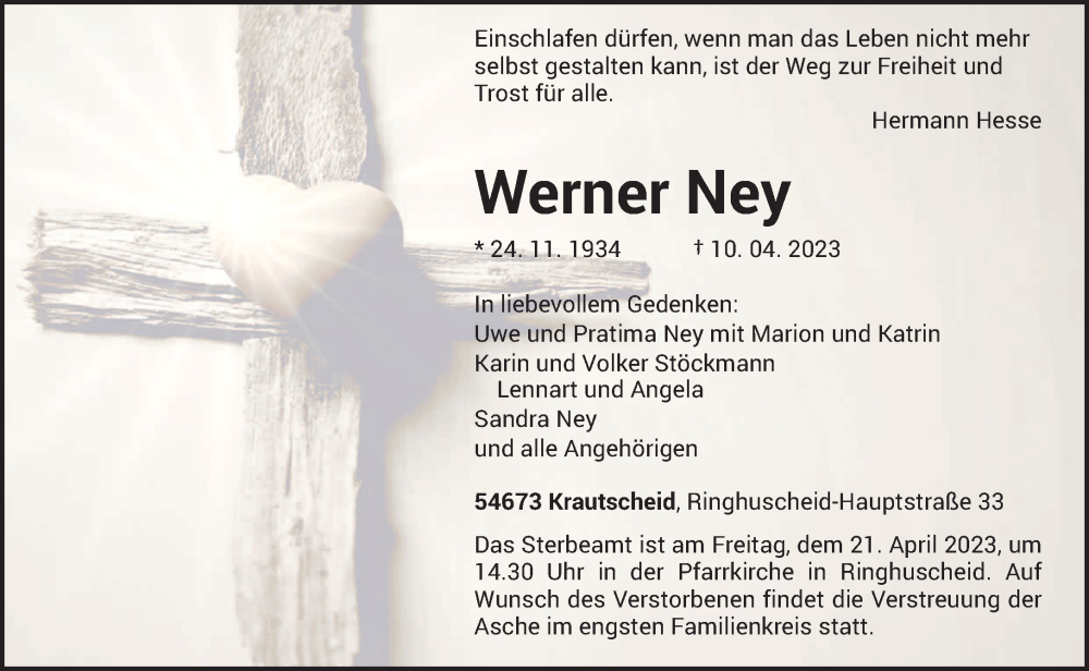  Traueranzeige für Werner Ney vom 19.04.2023 aus trierischer_volksfreund