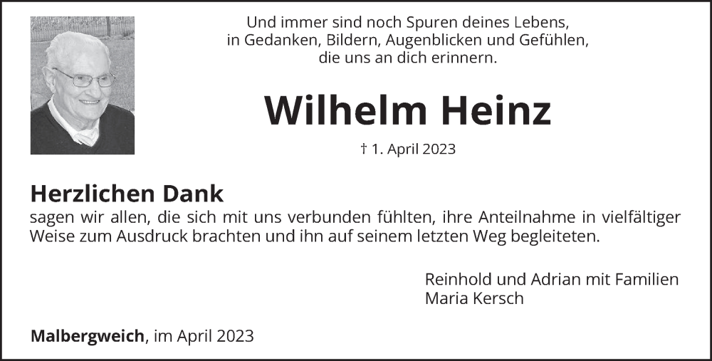  Traueranzeige für Wilhelm Heinz vom 29.04.2023 aus trierischer_volksfreund
