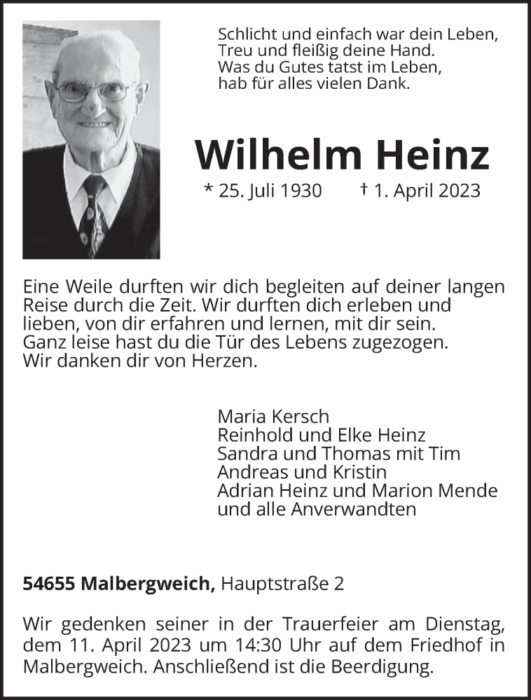  Traueranzeige für Wilhelm Heinz vom 03.04.2023 aus trierischer_volksfreund