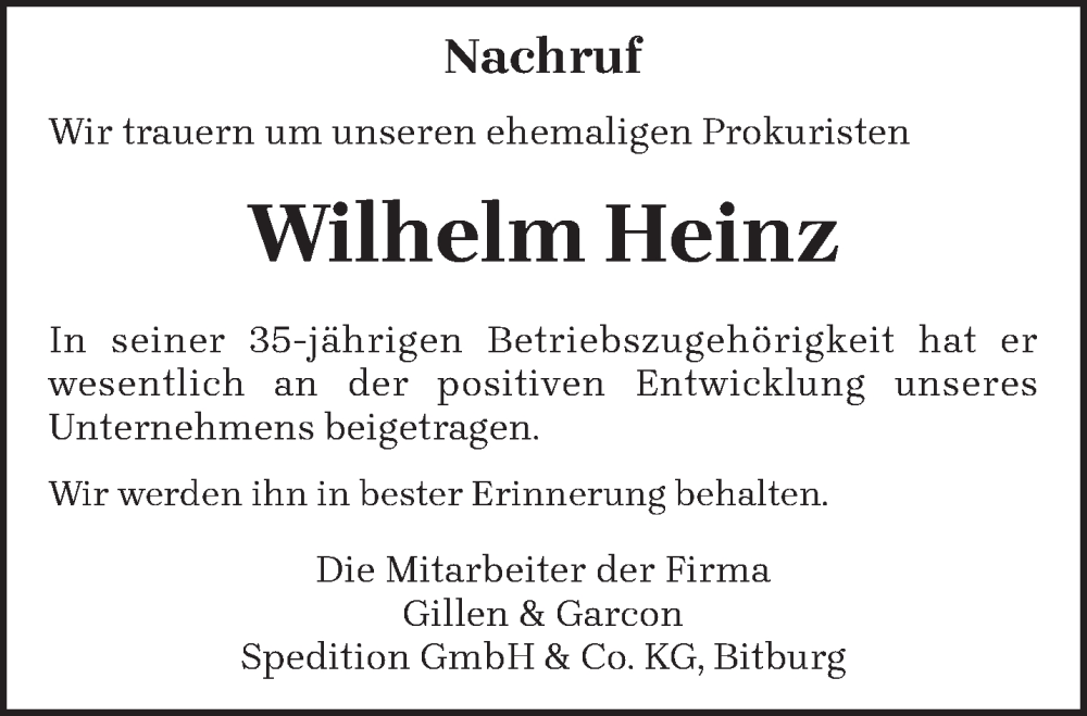 Traueranzeigen Von Wilhelm Heinz | Volksfreund.Trauer.de