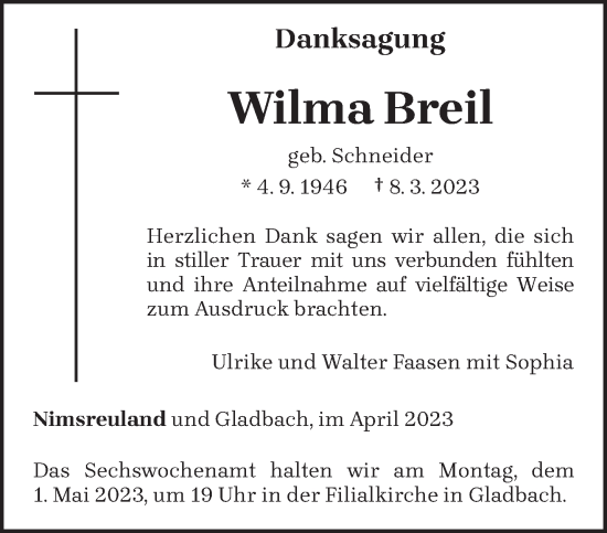 Traueranzeige von Wilma Breil von trierischer_volksfreund