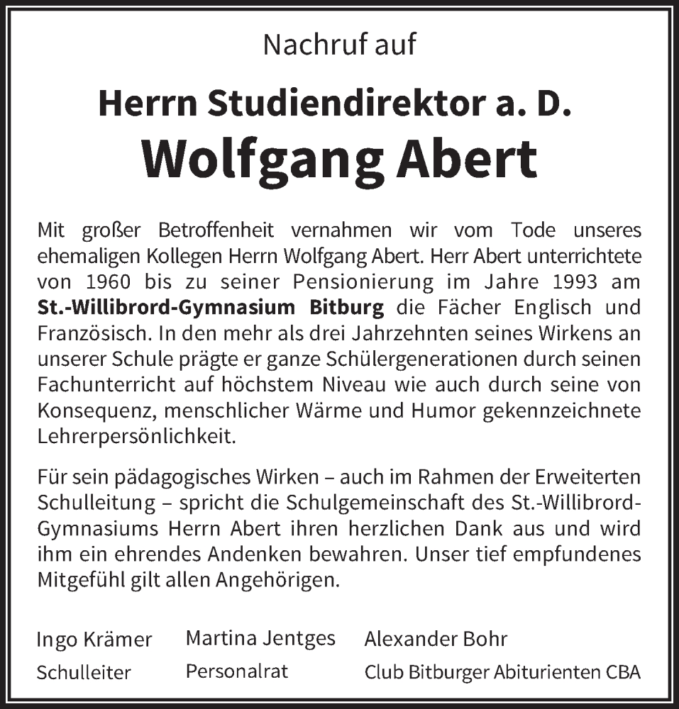  Traueranzeige für Wolfgang Abert vom 22.04.2023 aus trierischer_volksfreund