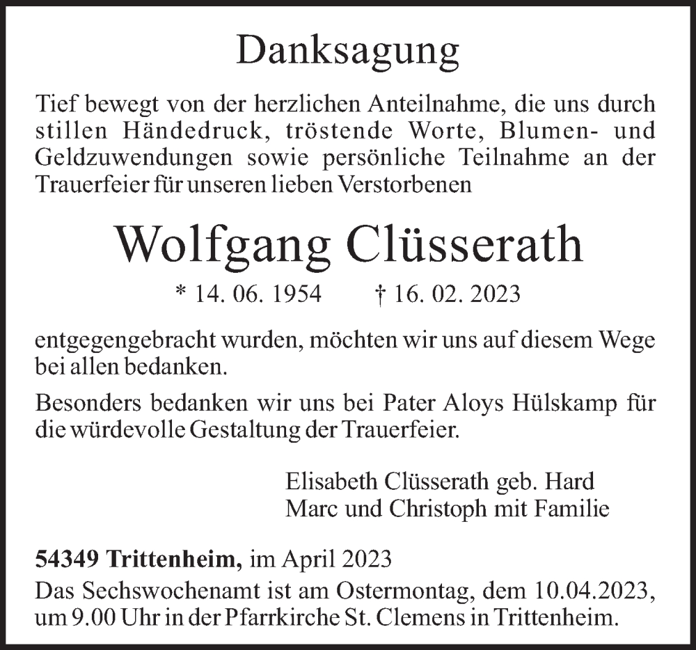  Traueranzeige für Wolfgang Clüsserath vom 05.04.2023 aus trierischer_volksfreund