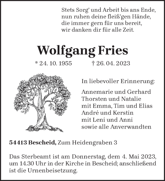 Traueranzeige von Wolfgang Fries von trierischer_volksfreund