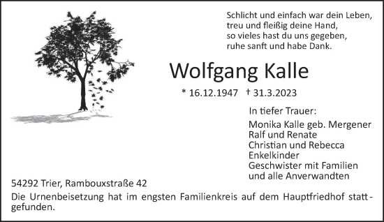 Traueranzeige von Wolfgang Kalle von trierischer_volksfreund