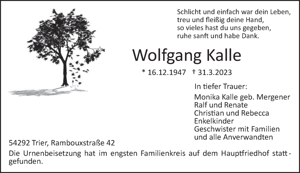  Traueranzeige für Wolfgang Kalle vom 22.04.2023 aus trierischer_volksfreund