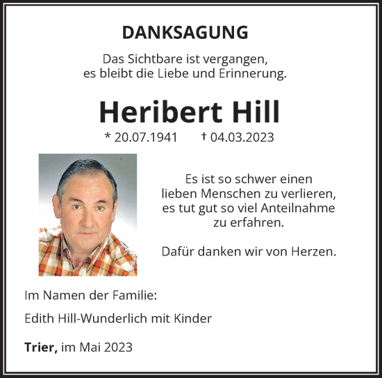 Traueranzeige von Heribert Hill von  TRIERISCHER_VOLKSFREUND