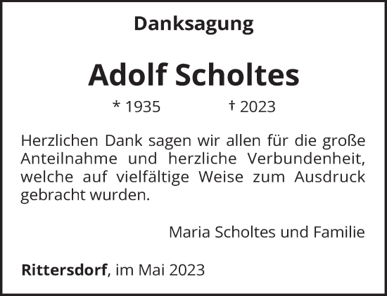 Traueranzeige von Adolf Scholtes von trierischer_volksfreund