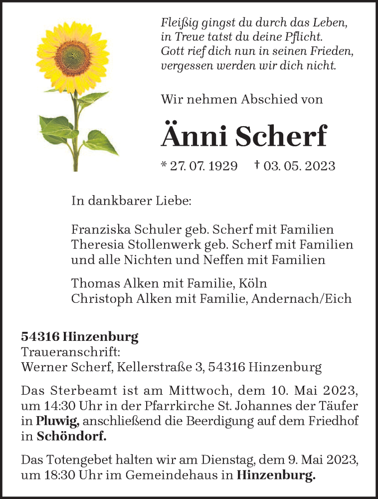  Traueranzeige für Änni Scherf vom 06.05.2023 aus trierischer_volksfreund